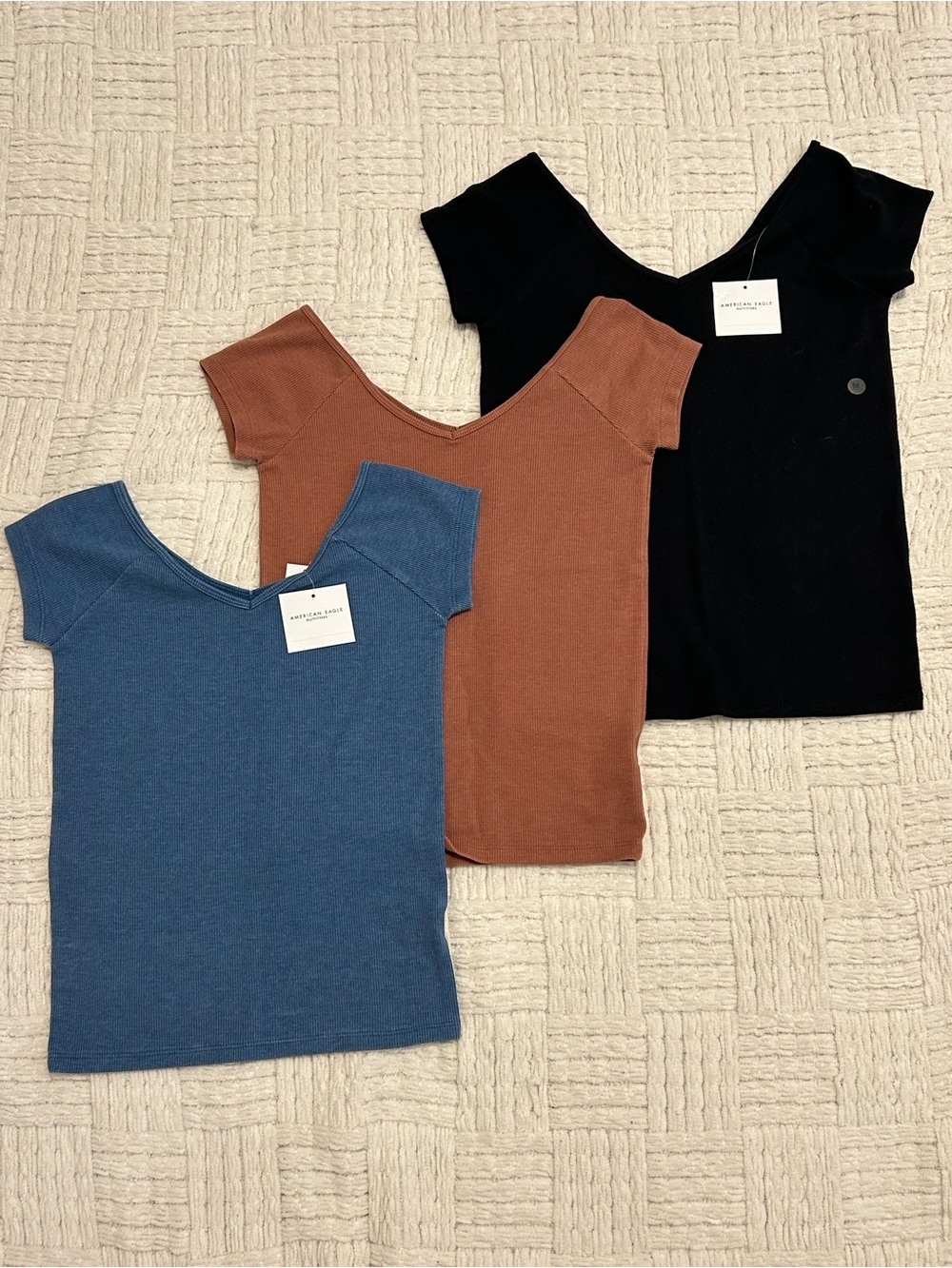 NWT American Eagle | V-Neck Short Sleeve Ribbed Tops - Blue, Rust, Black